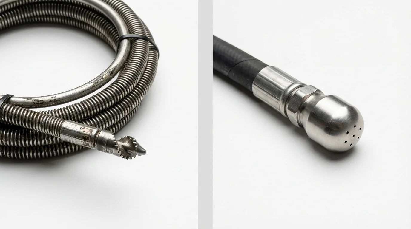 Drain snake cable and hydro jetting nozzle used for drain cleaning in Ashley, ND