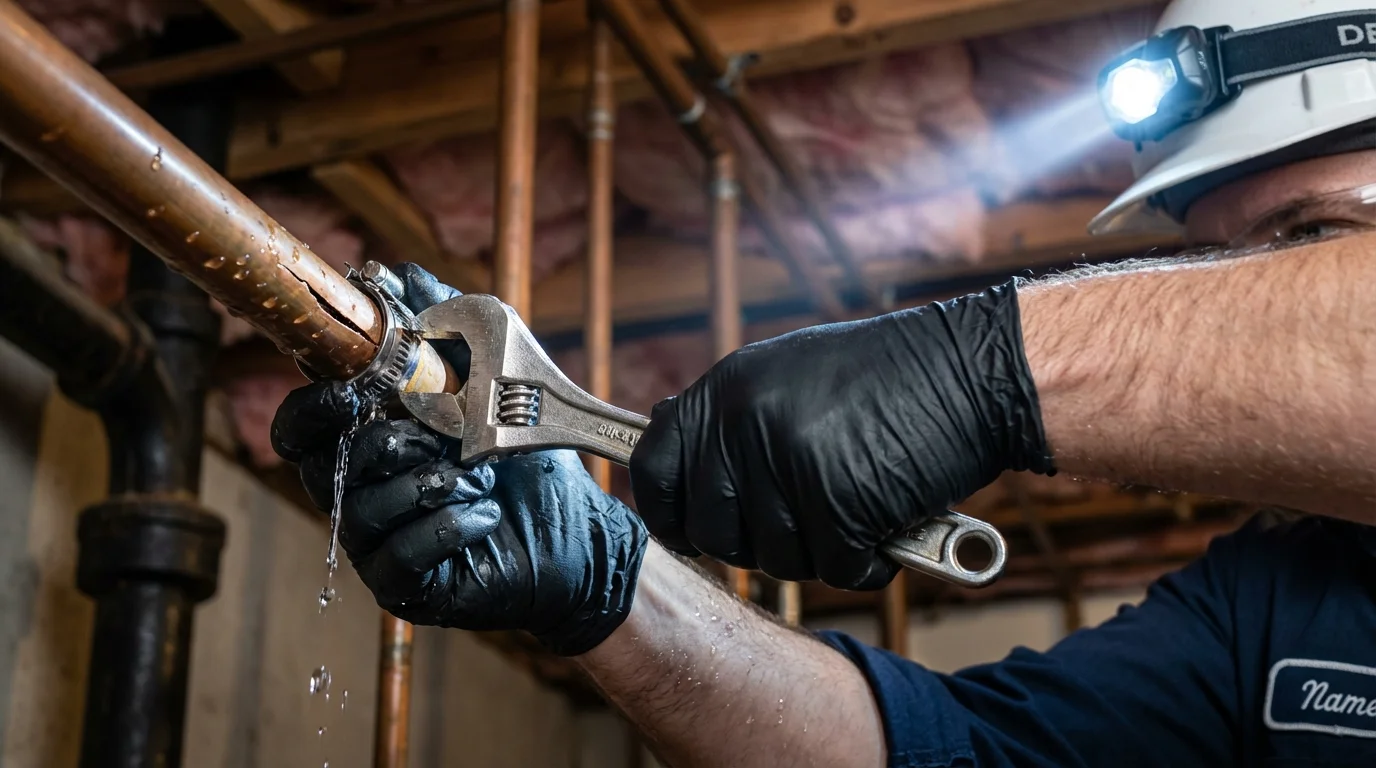 Emergency pipe clamp repair being performed by a Johns Plumbing LLC plumber in Ashley