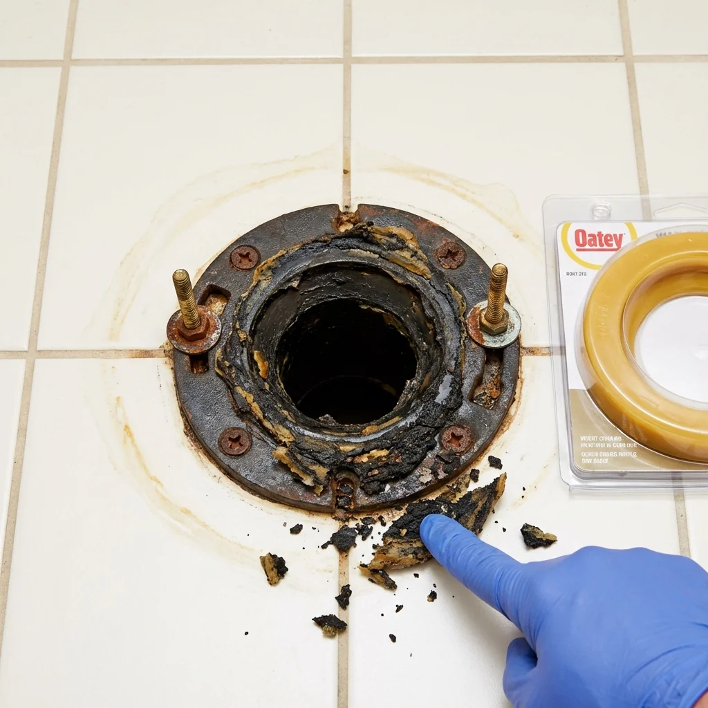Failed wax ring showing water seepage at the base of a toilet in a Ashley, ND home